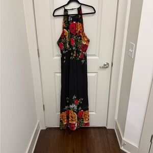Floral Halter Maxi Dress - Black and Red
